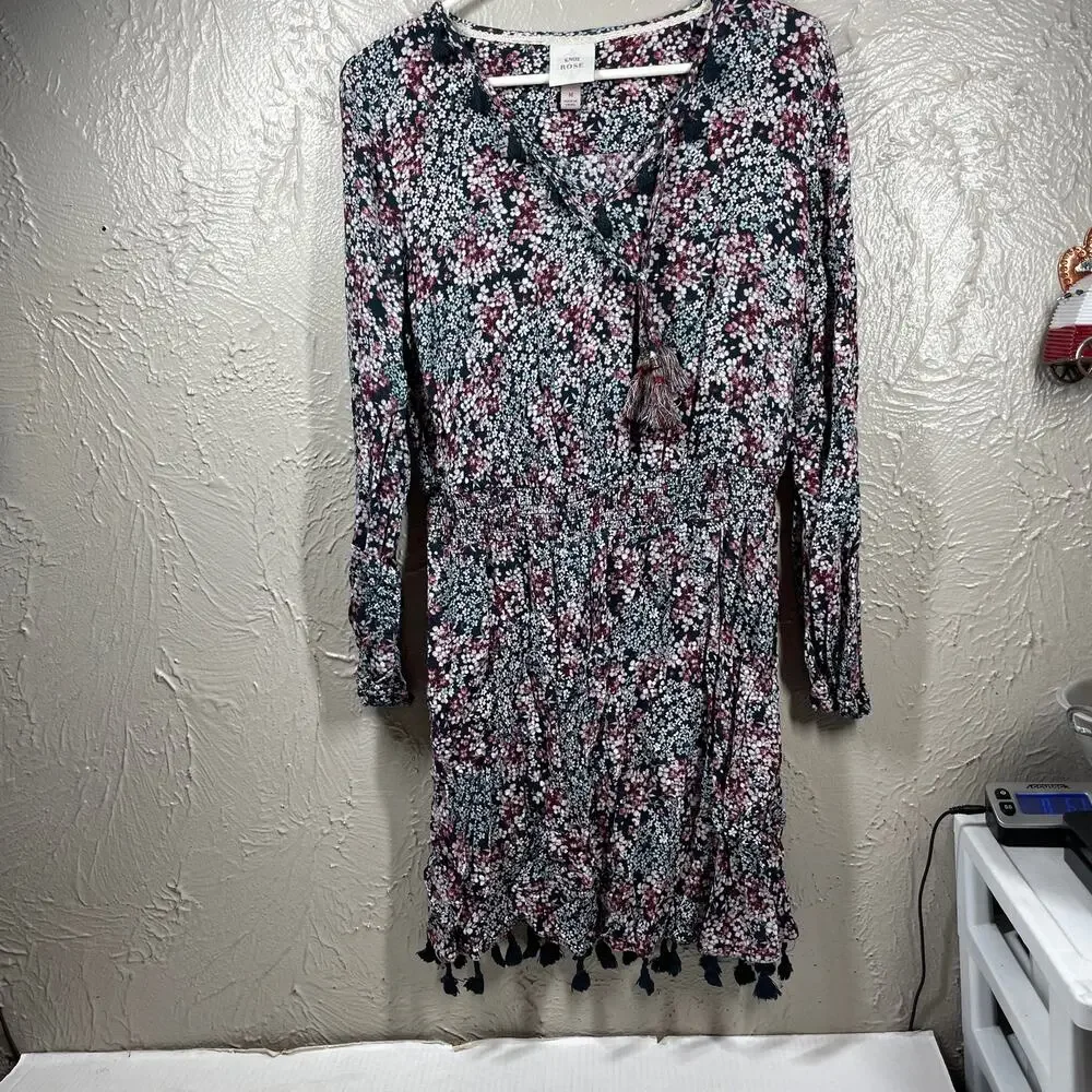 Knox‎ Rose Womens Black pink floral Casual Dress tassels size medium